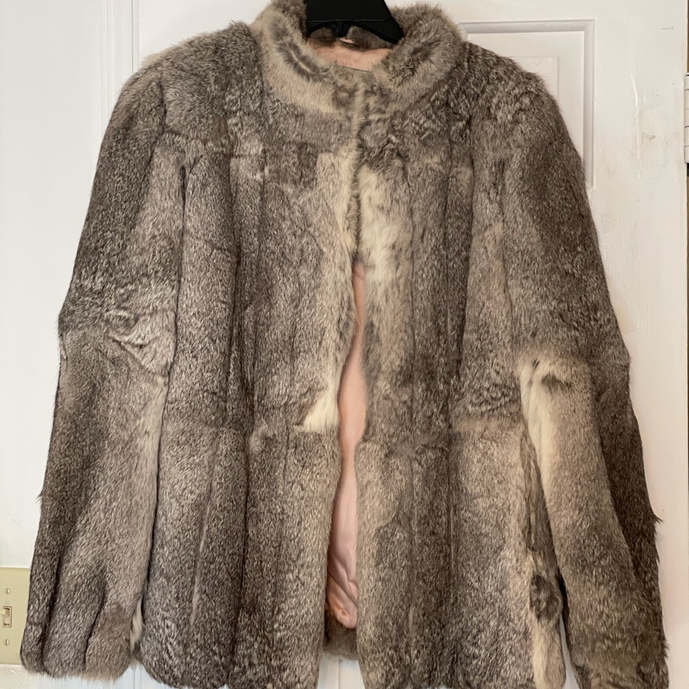 Vintage Rabbit Fur Coat, Pink Silk Lining - Size L